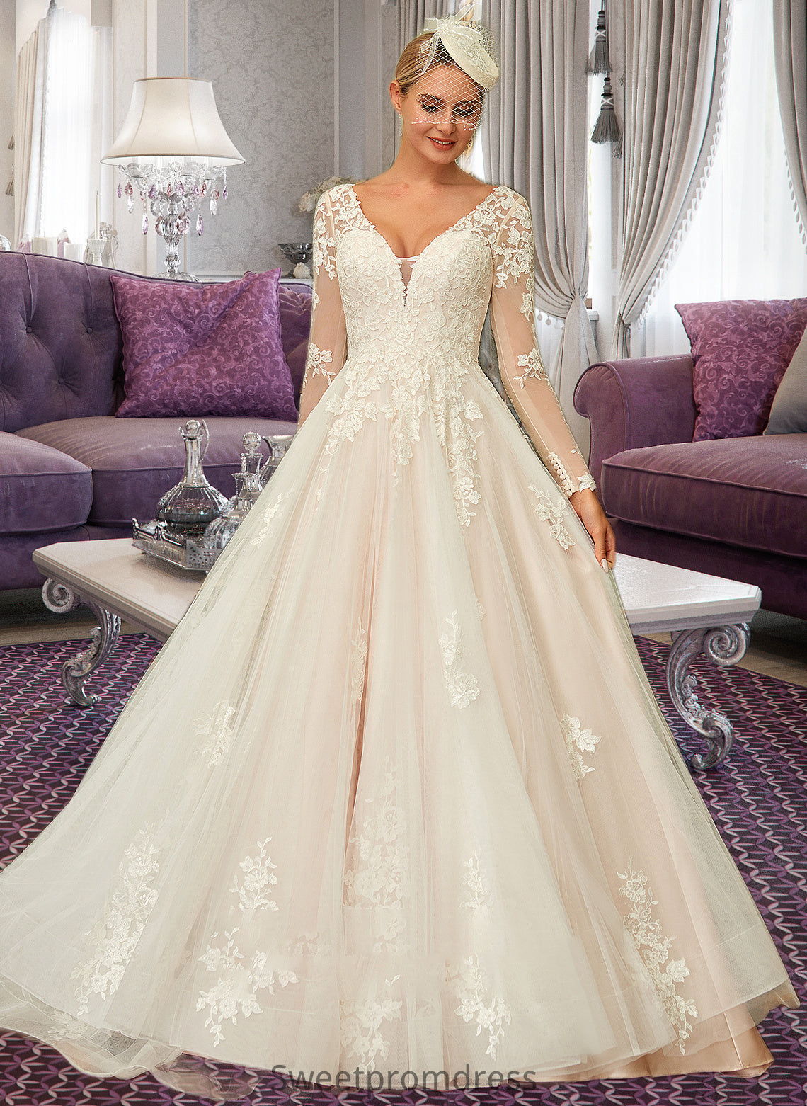 Thelma Ball-Gown/Princess V-neck Sweep Train Tulle Lace Wedding Dress DHP0013698