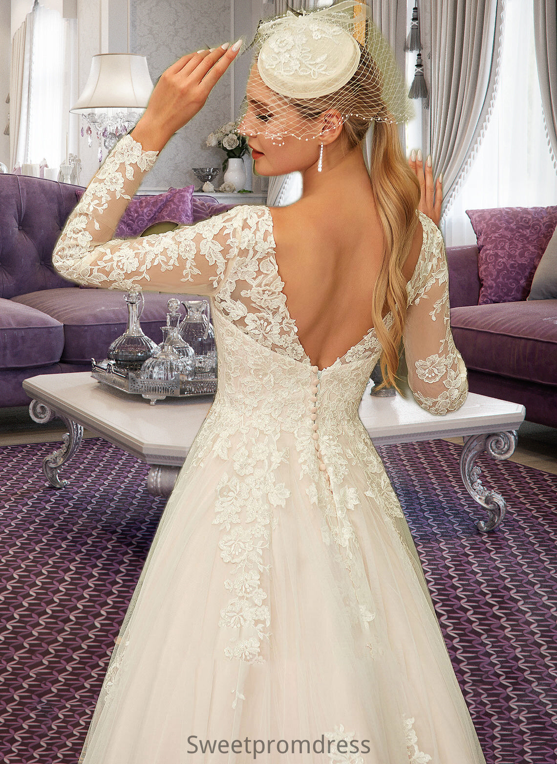 Thelma Ball-Gown/Princess V-neck Sweep Train Tulle Lace Wedding Dress DHP0013698