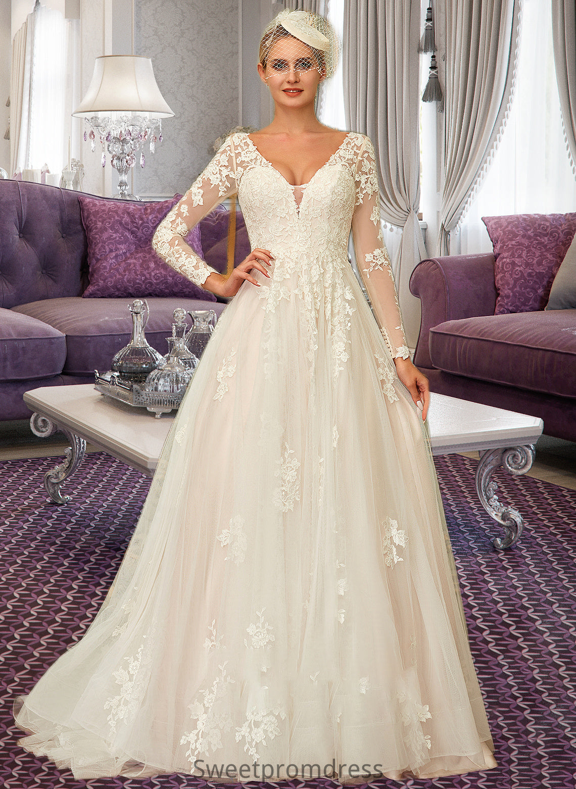 Thelma Ball-Gown/Princess V-neck Sweep Train Tulle Lace Wedding Dress DHP0013698