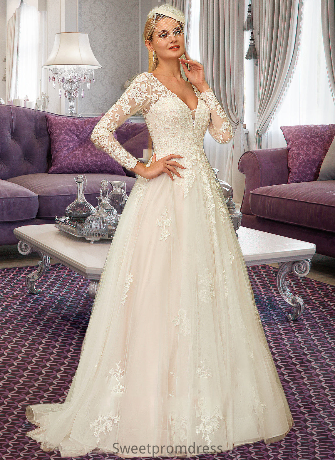 Thelma Ball-Gown/Princess V-neck Sweep Train Tulle Lace Wedding Dress DHP0013698