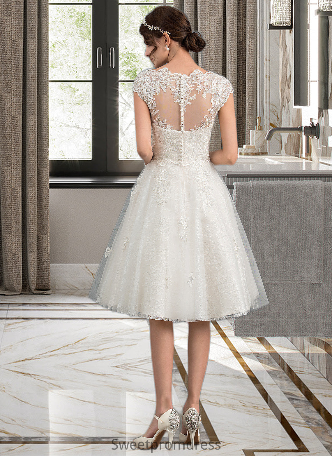 Beryl A-Line V-neck Knee-Length Tulle Lace Wedding Dress DHP0013700