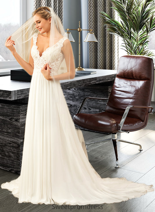 Deja A-Line V-neck Court Train Chiffon Wedding Dress DHP0013701