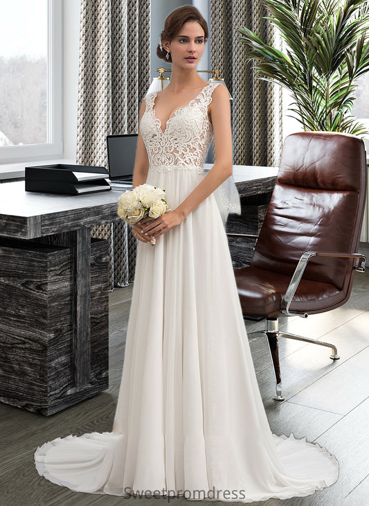 Deja A-Line V-neck Court Train Chiffon Wedding Dress DHP0013701