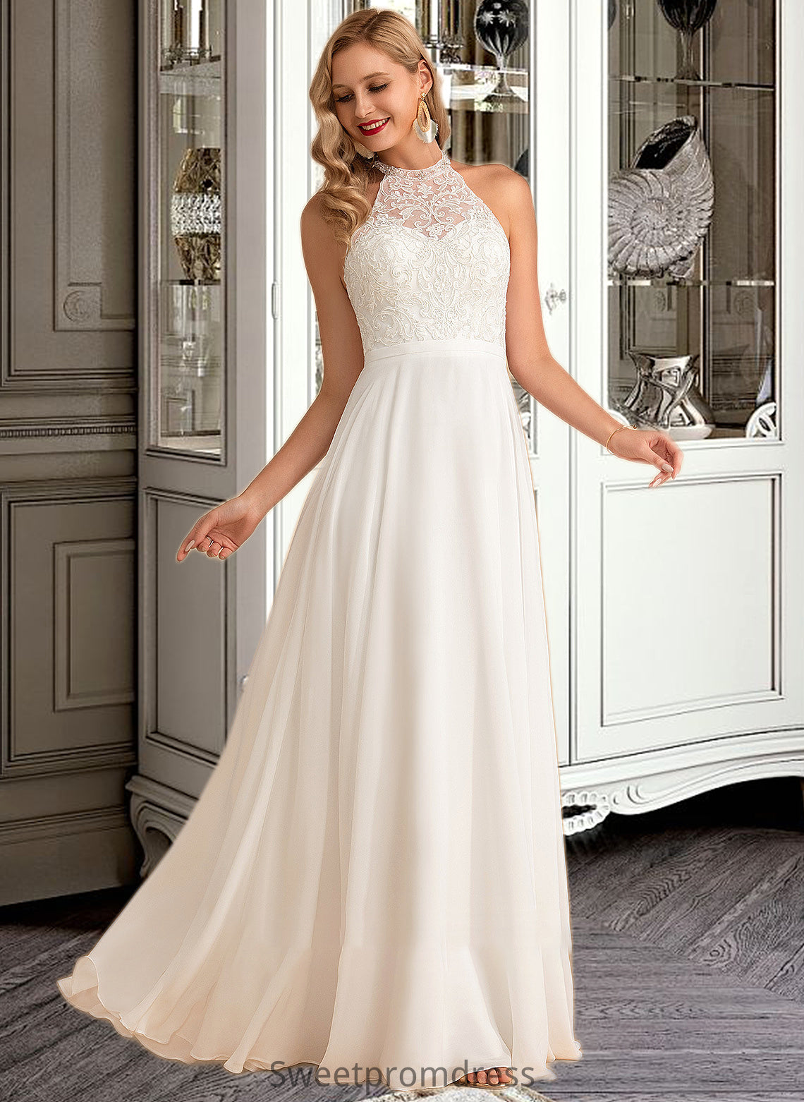 Annabelle A-Line High Neck Floor-Length Chiffon Wedding Dress DHP0013702