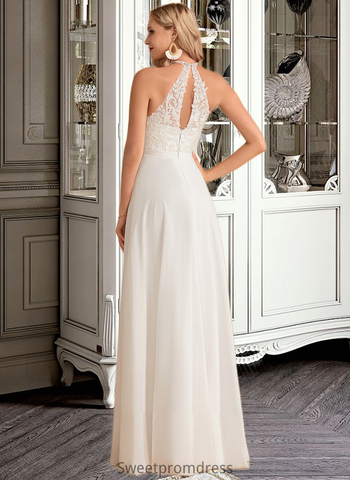 Annabelle A-Line High Neck Floor-Length Chiffon Wedding Dress DHP0013702