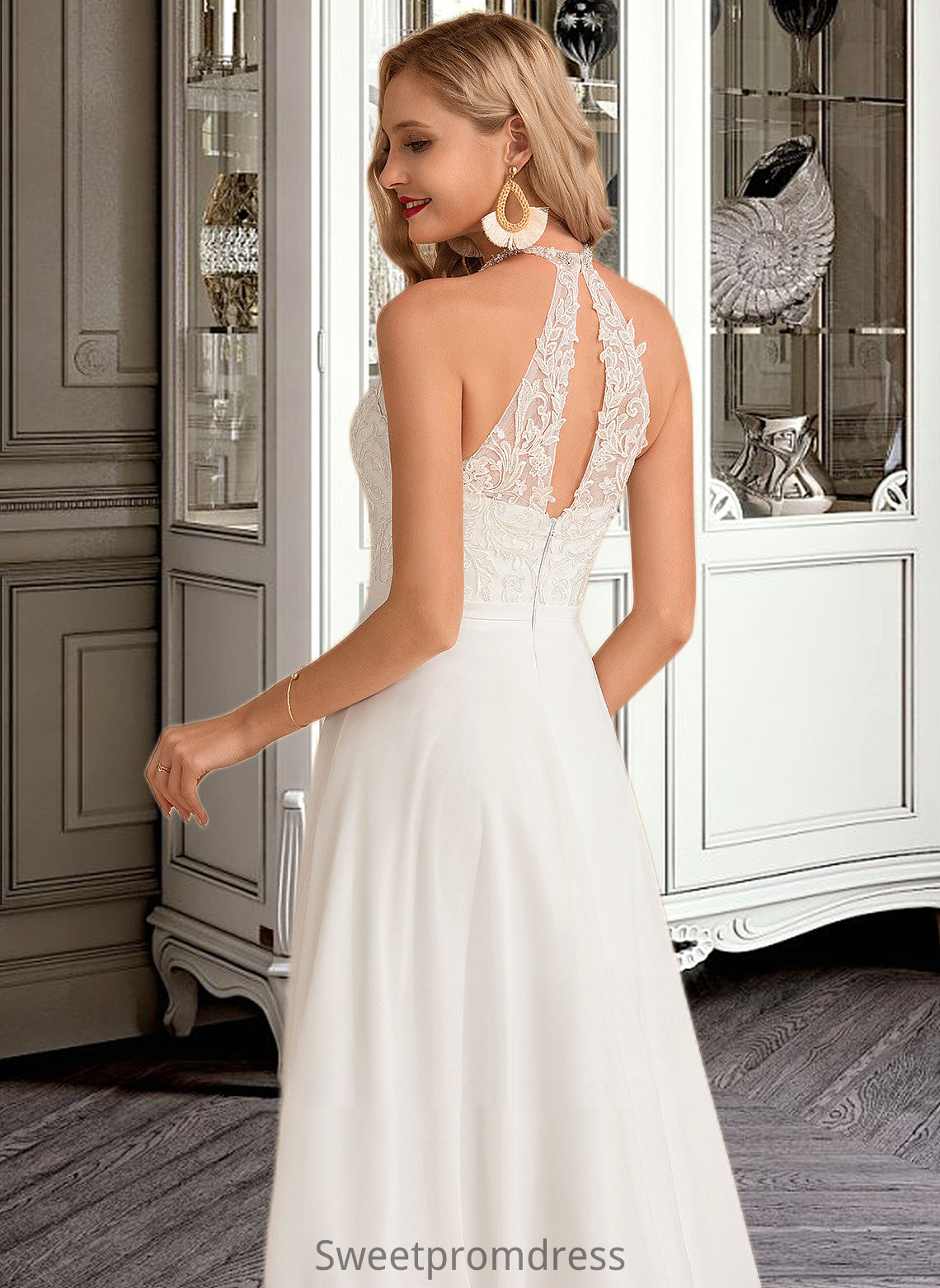 Annabelle A-Line High Neck Floor-Length Chiffon Wedding Dress DHP0013702