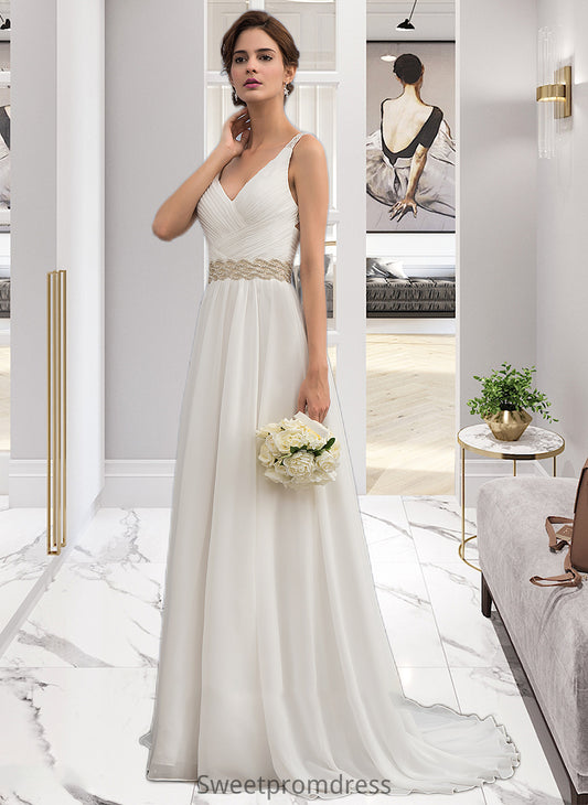 Ally A-Line V-neck Sweep Train Chiffon Wedding Dress With Ruffle Lace Beading Sequins DHP0013705