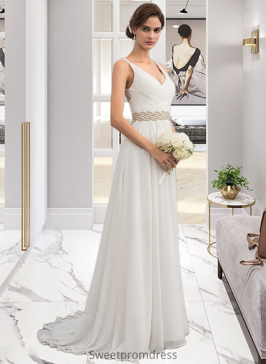 Ally A-Line V-neck Sweep Train Chiffon Wedding Dress With Ruffle Lace Beading Sequins DHP0013705