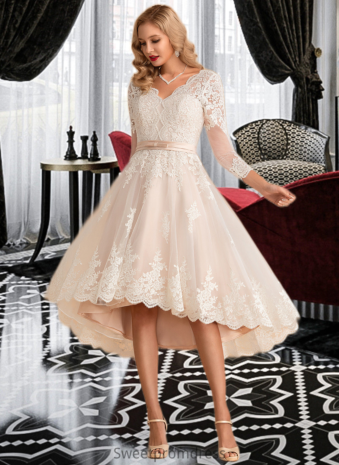 Krystal A-Line V-neck Asymmetrical Satin Tulle Lace Wedding Dress DHP0013706