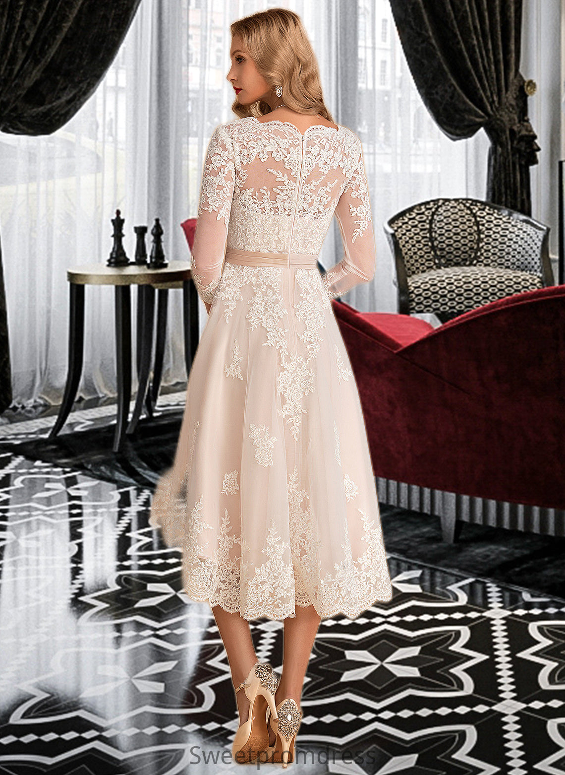 Krystal A-Line V-neck Asymmetrical Satin Tulle Lace Wedding Dress DHP0013706