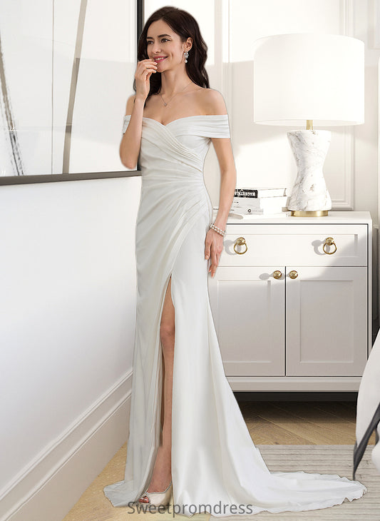 Marina Sheath/Column Off-the-Shoulder Sweep Train Stretch Crepe Wedding Dress With Ruffle Split Front DHP0013707