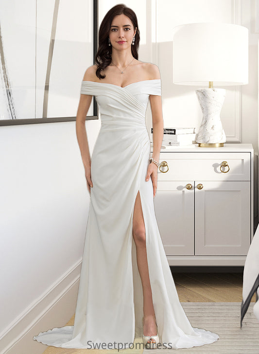 Marina Sheath/Column Off-the-Shoulder Sweep Train Stretch Crepe Wedding Dress With Ruffle Split Front DHP0013707