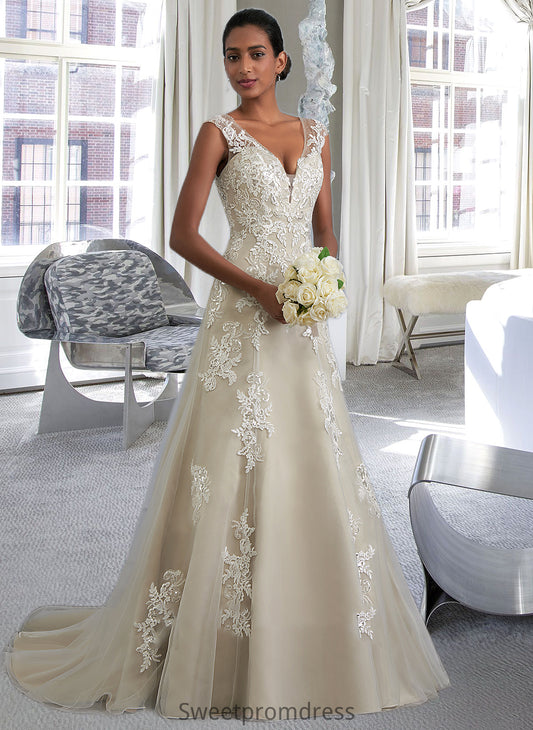 Alisson A-Line V-neck Court Train Tulle Lace Wedding Dress With Beading Sequins DHP0013709