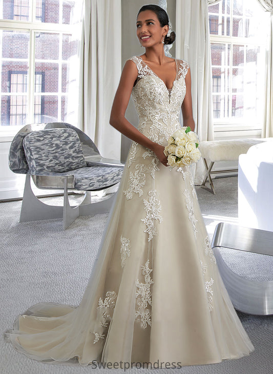 Alisson A-Line V-neck Court Train Tulle Lace Wedding Dress With Beading Sequins DHP0013709