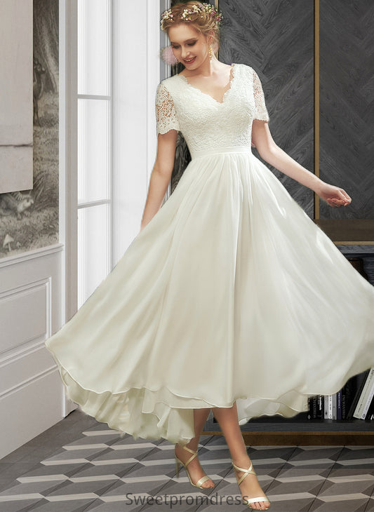 Karlie A-Line V-neck Asymmetrical Wedding Dress With Lace DHP0013712