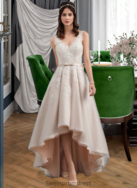 Evelin A-Line V-neck Asymmetrical Tulle Lace Wedding Dress With Bow(s) DHP0013717