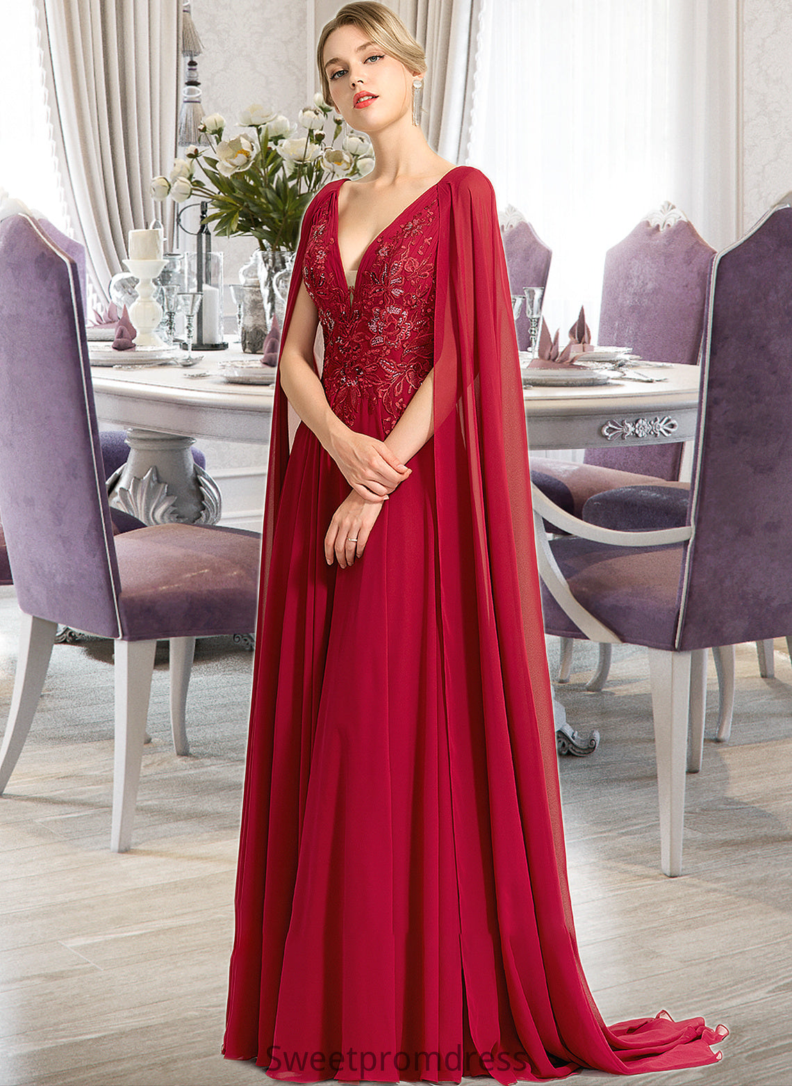 Lara A-Line V-neck Floor-Length Chiffon Wedding Dress With Sequins DHP0013718