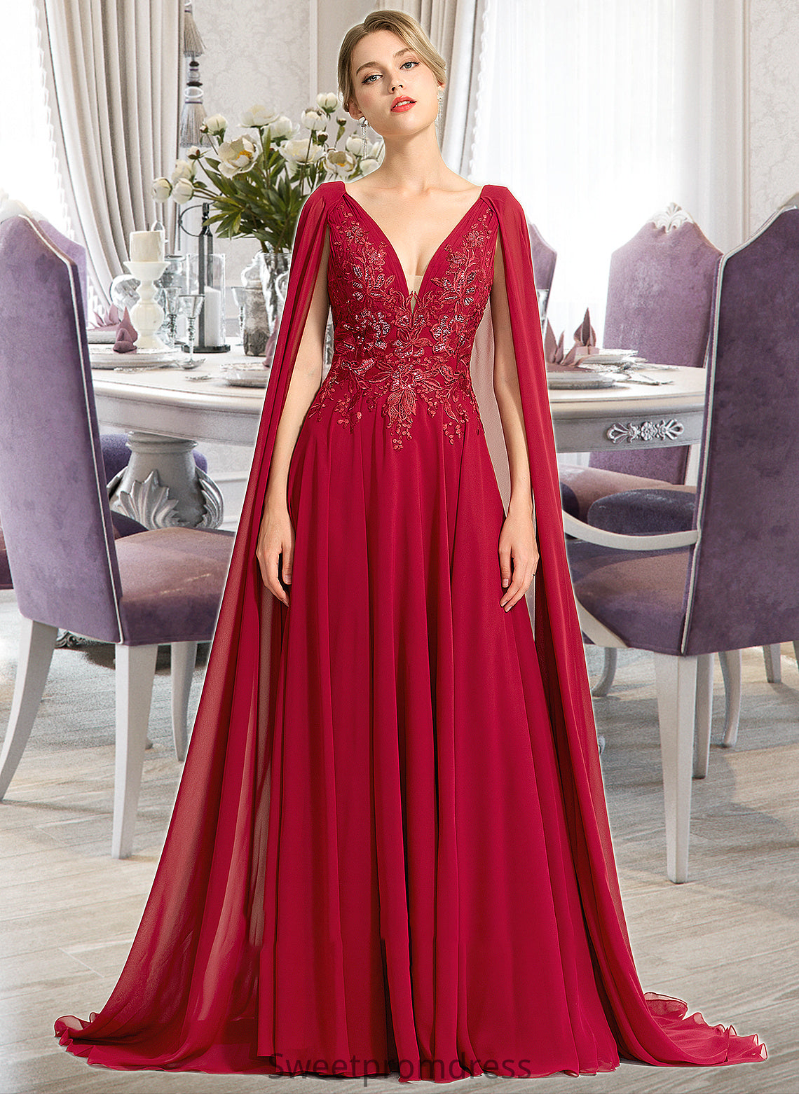 Lara A-Line V-neck Floor-Length Chiffon Wedding Dress With Sequins DHP0013718