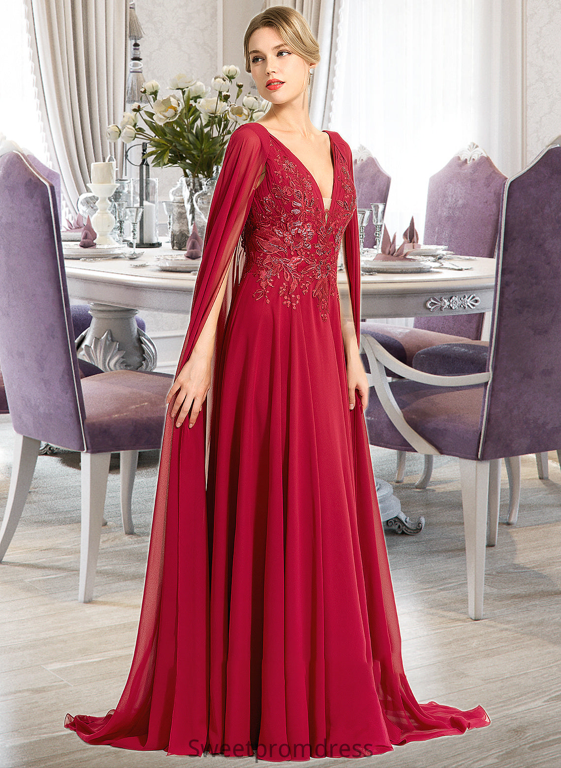 Lara A-Line V-neck Floor-Length Chiffon Wedding Dress With Sequins DHP0013718