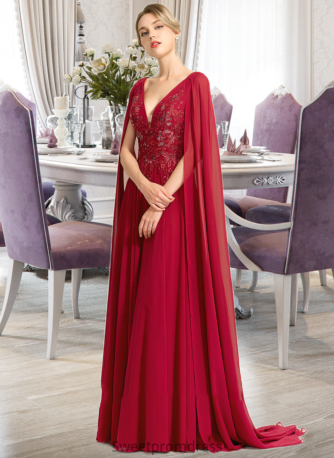 Lara A-Line V-neck Floor-Length Chiffon Wedding Dress With Sequins DHP0013718