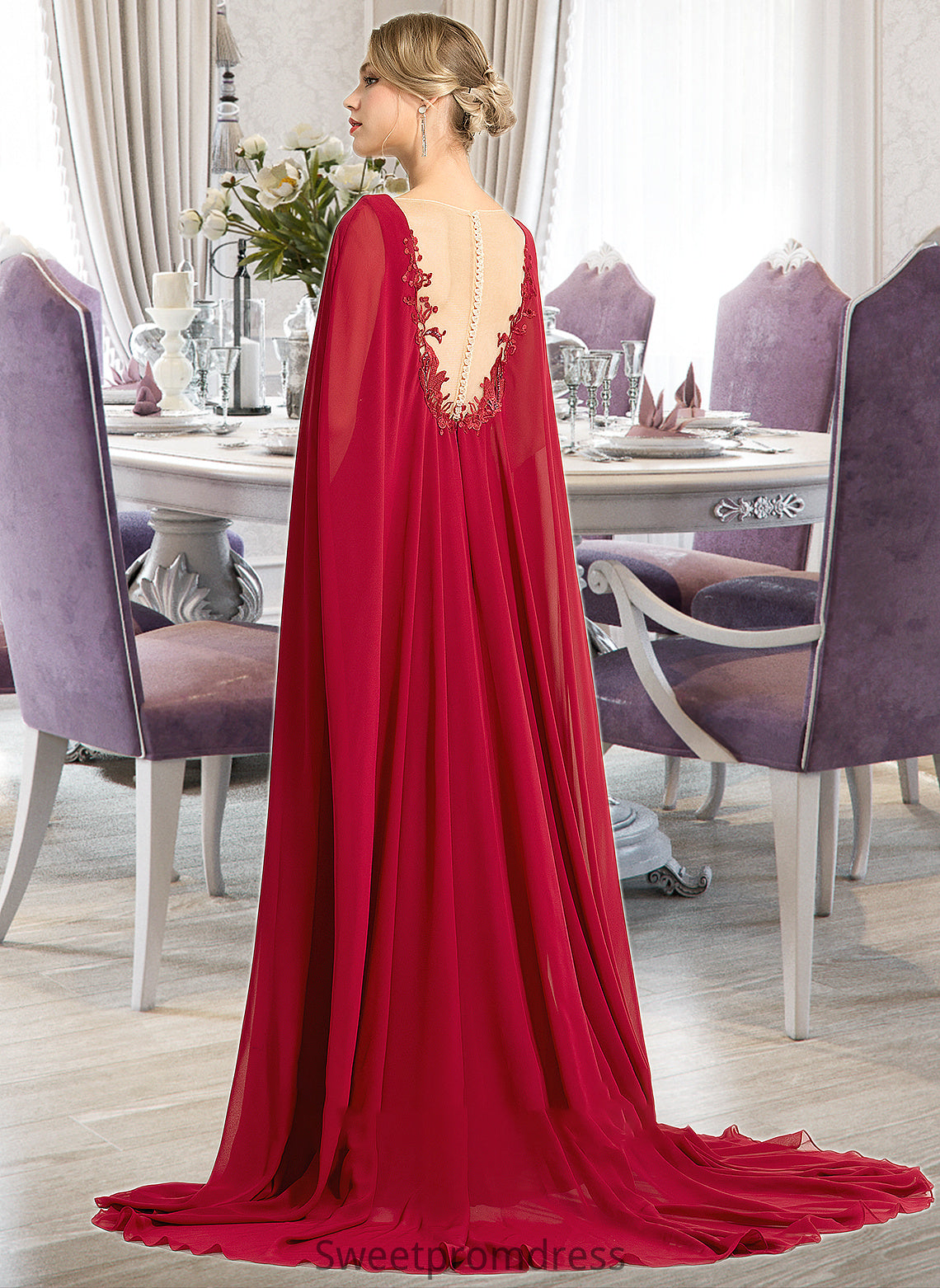 Lara A-Line V-neck Floor-Length Chiffon Wedding Dress With Sequins DHP0013718