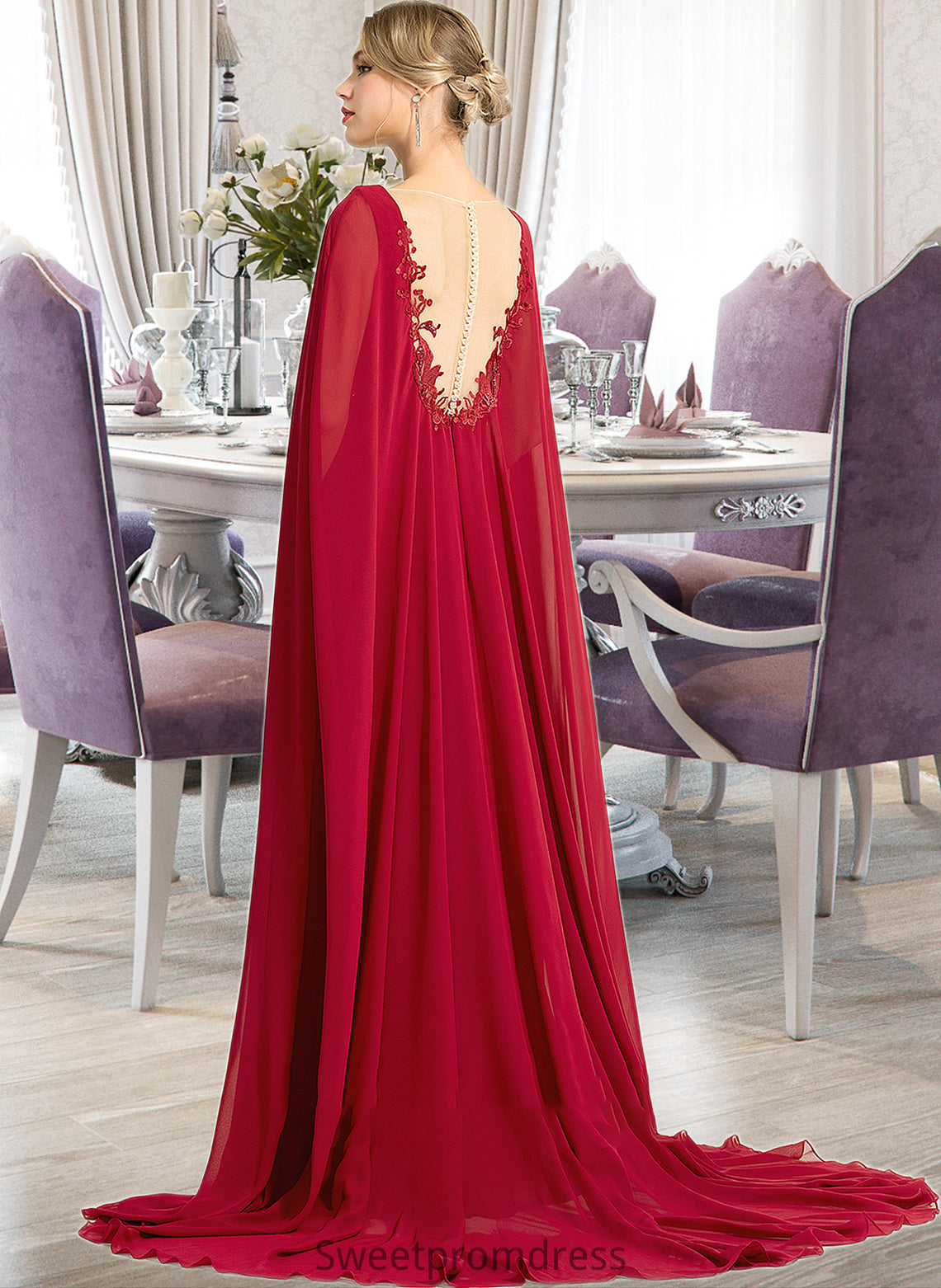 Lara A-Line V-neck Floor-Length Chiffon Wedding Dress With Sequins DHP0013718