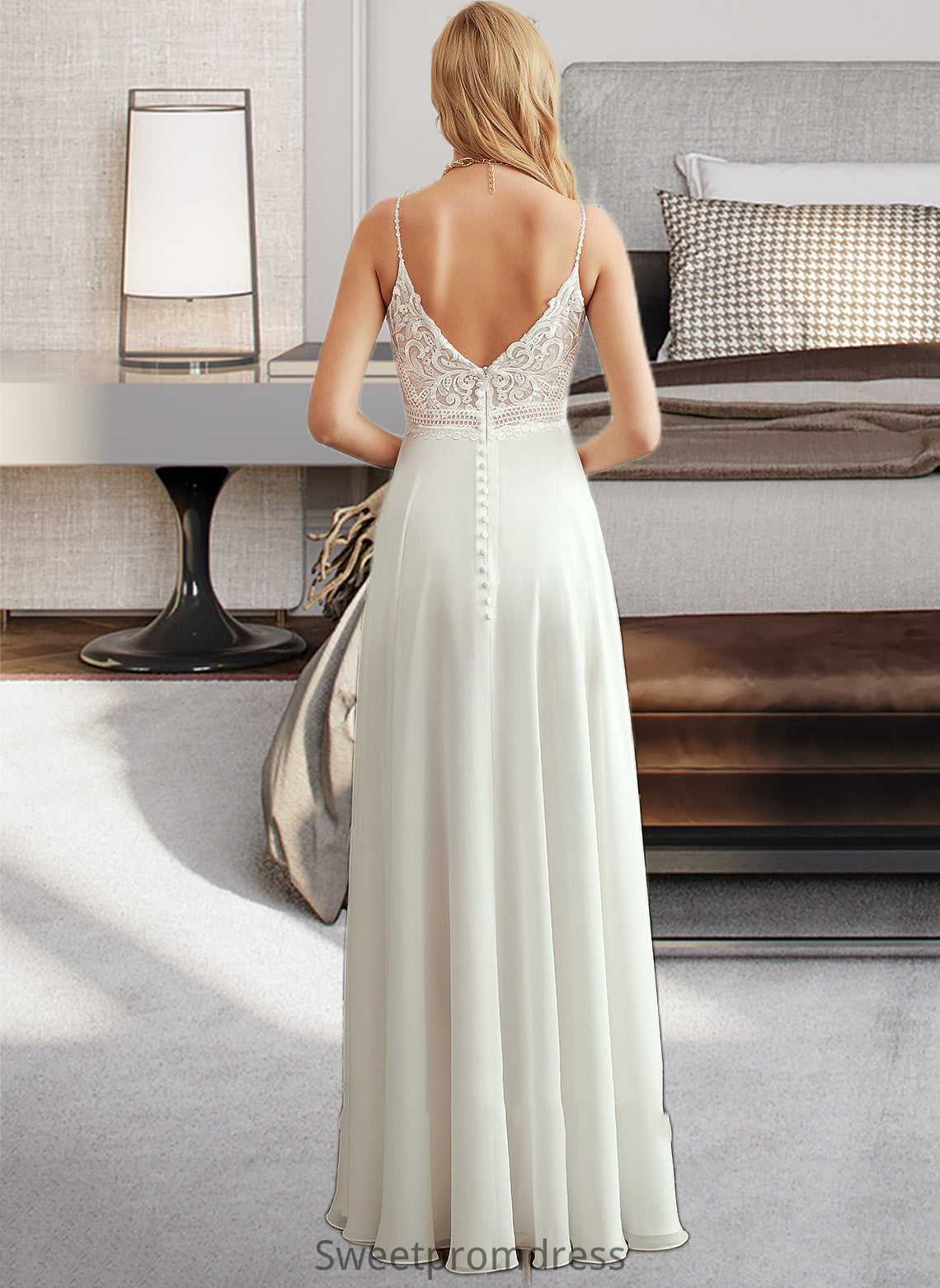 Natalie A-Line V-neck Floor-Length Wedding Dress With Split Front DHP0013721