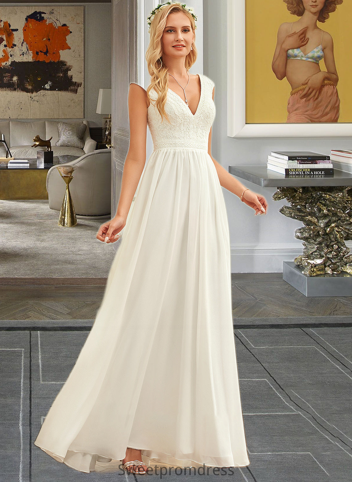 Journey A-Line V-neck Floor-Length Chiffon Lace Wedding Dress DHP0013722