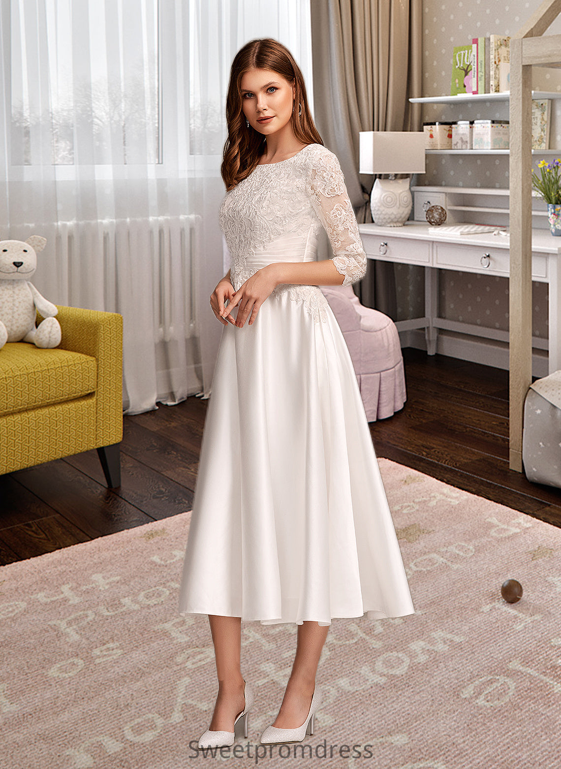 Undine A-Line Scoop Neck Tea-Length Wedding Dress With Pockets DHP0013723