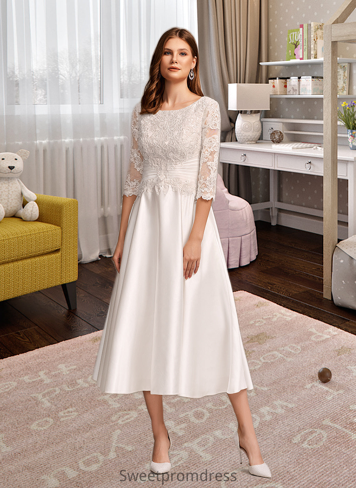 Undine A-Line Scoop Neck Tea-Length Wedding Dress With Pockets DHP0013723