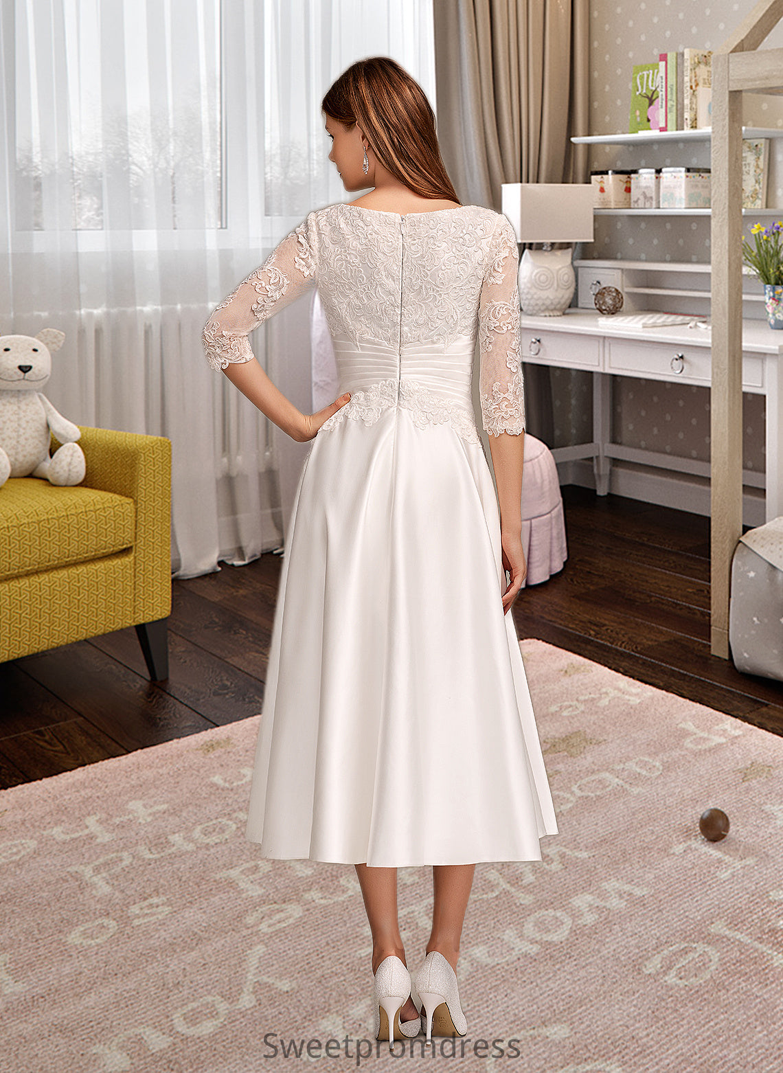 Undine A-Line Scoop Neck Tea-Length Wedding Dress With Pockets DHP0013723