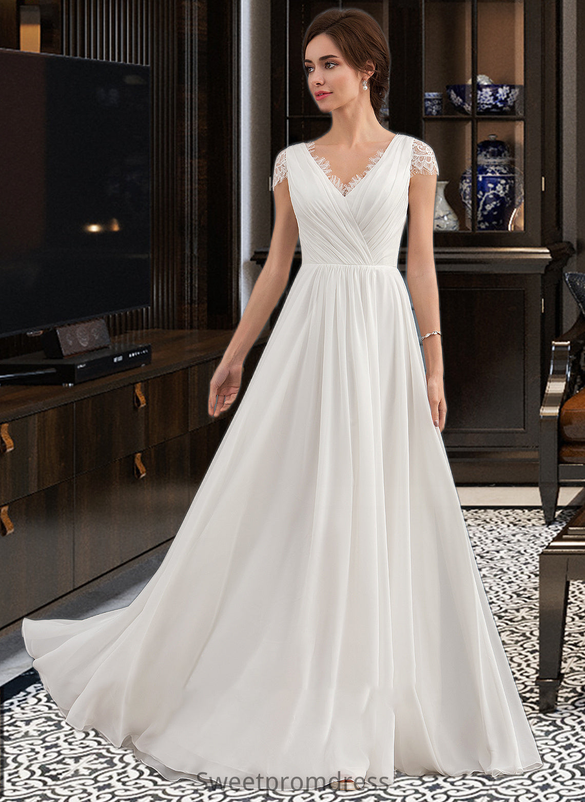 Charlee A-Line V-neck Floor-Length Chiffon Lace Wedding Dress With Ruffle DHP0013729