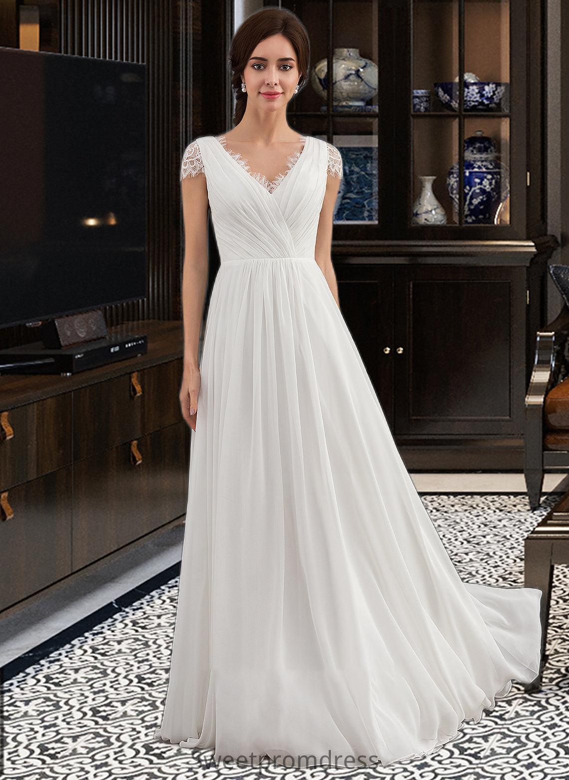 Charlee A-Line V-neck Floor-Length Chiffon Lace Wedding Dress With Ruffle DHP0013729