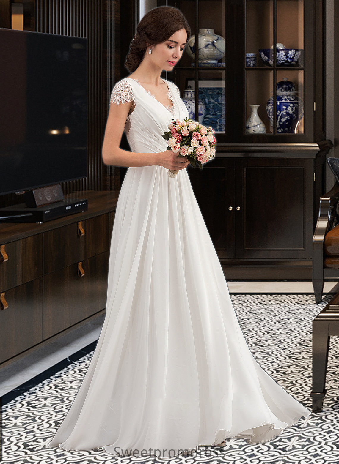 Charlee A-Line V-neck Floor-Length Chiffon Lace Wedding Dress With Ruffle DHP0013729