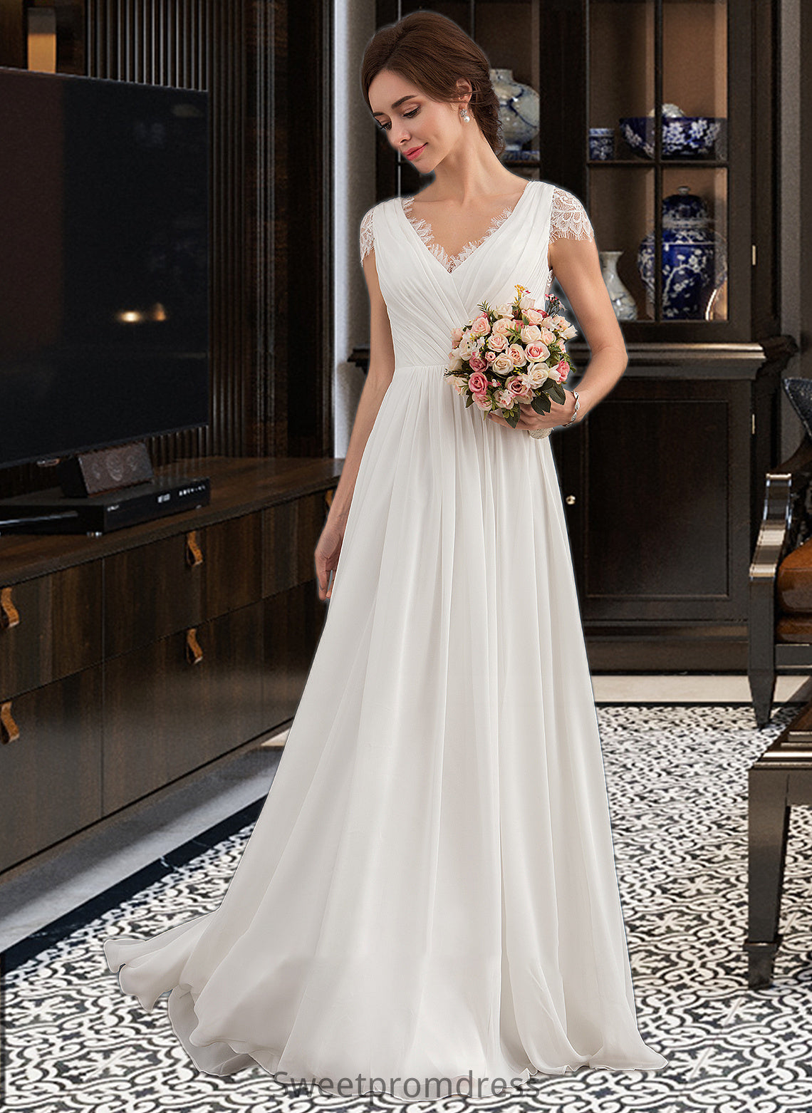 Charlee A-Line V-neck Floor-Length Chiffon Lace Wedding Dress With Ruffle DHP0013729