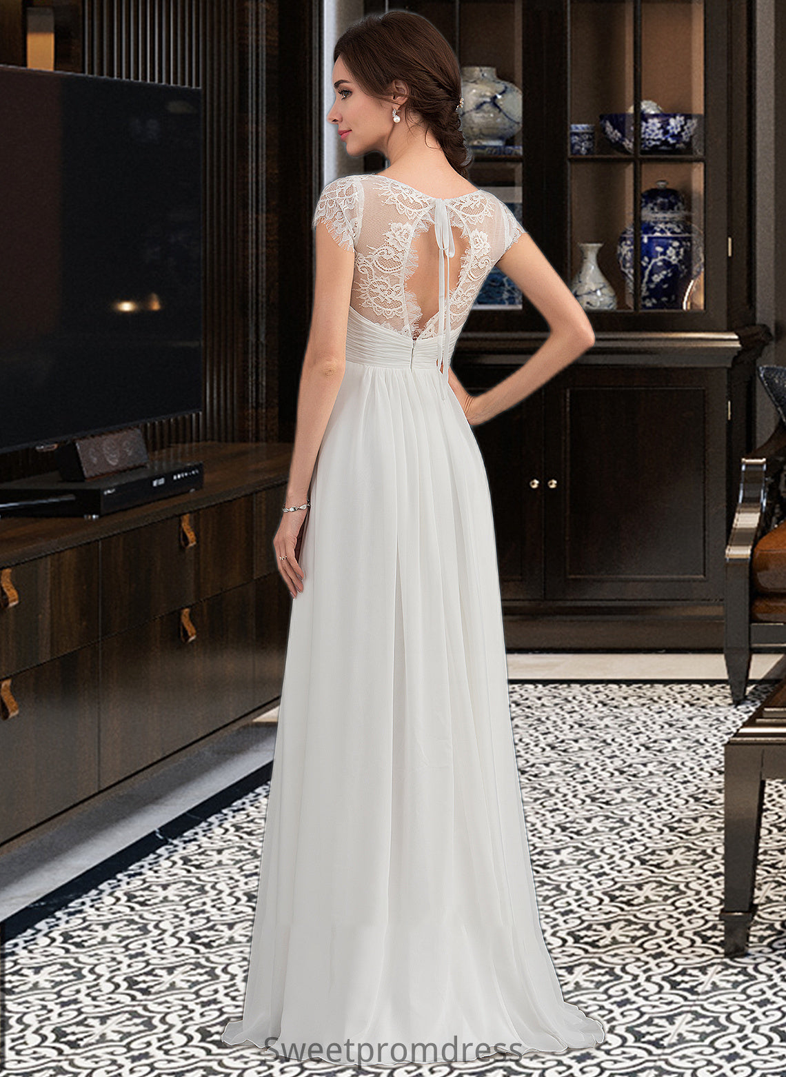 Charlee A-Line V-neck Floor-Length Chiffon Lace Wedding Dress With Ruffle DHP0013729