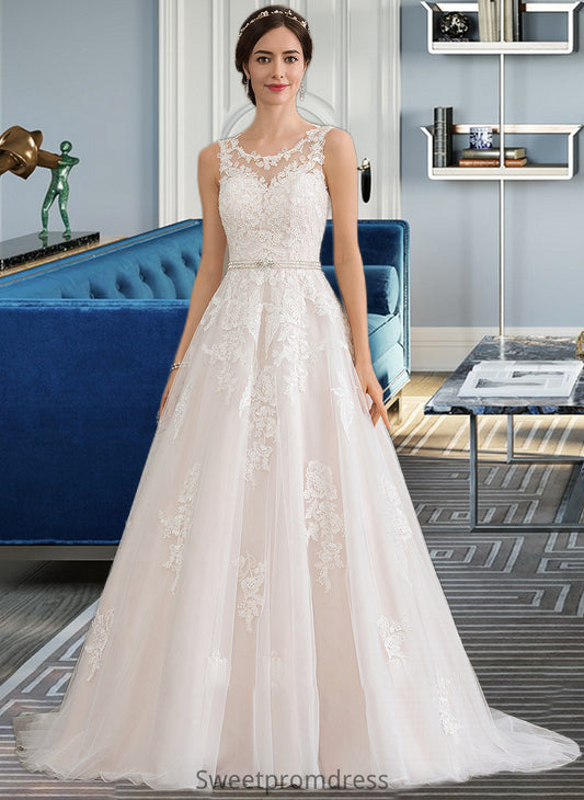 Evangeline Ball-Gown/Princess Scoop Neck Court Train Tulle Wedding Dress With Beading Sequins DHP0013730