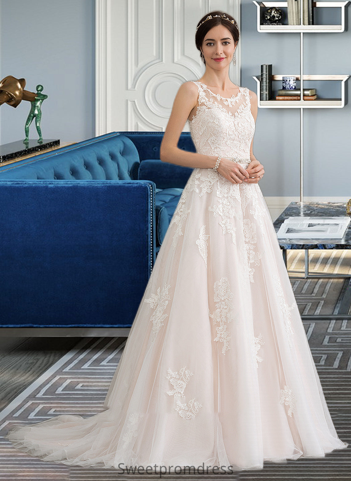 Evangeline Ball-Gown/Princess Scoop Neck Court Train Tulle Wedding Dress With Beading Sequins DHP0013730