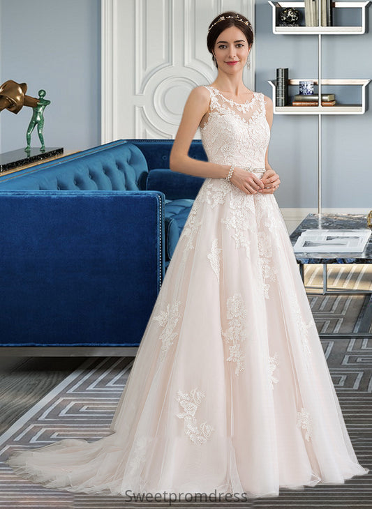 Evangeline Ball-Gown/Princess Scoop Neck Court Train Tulle Wedding Dress With Beading Sequins DHP0013730