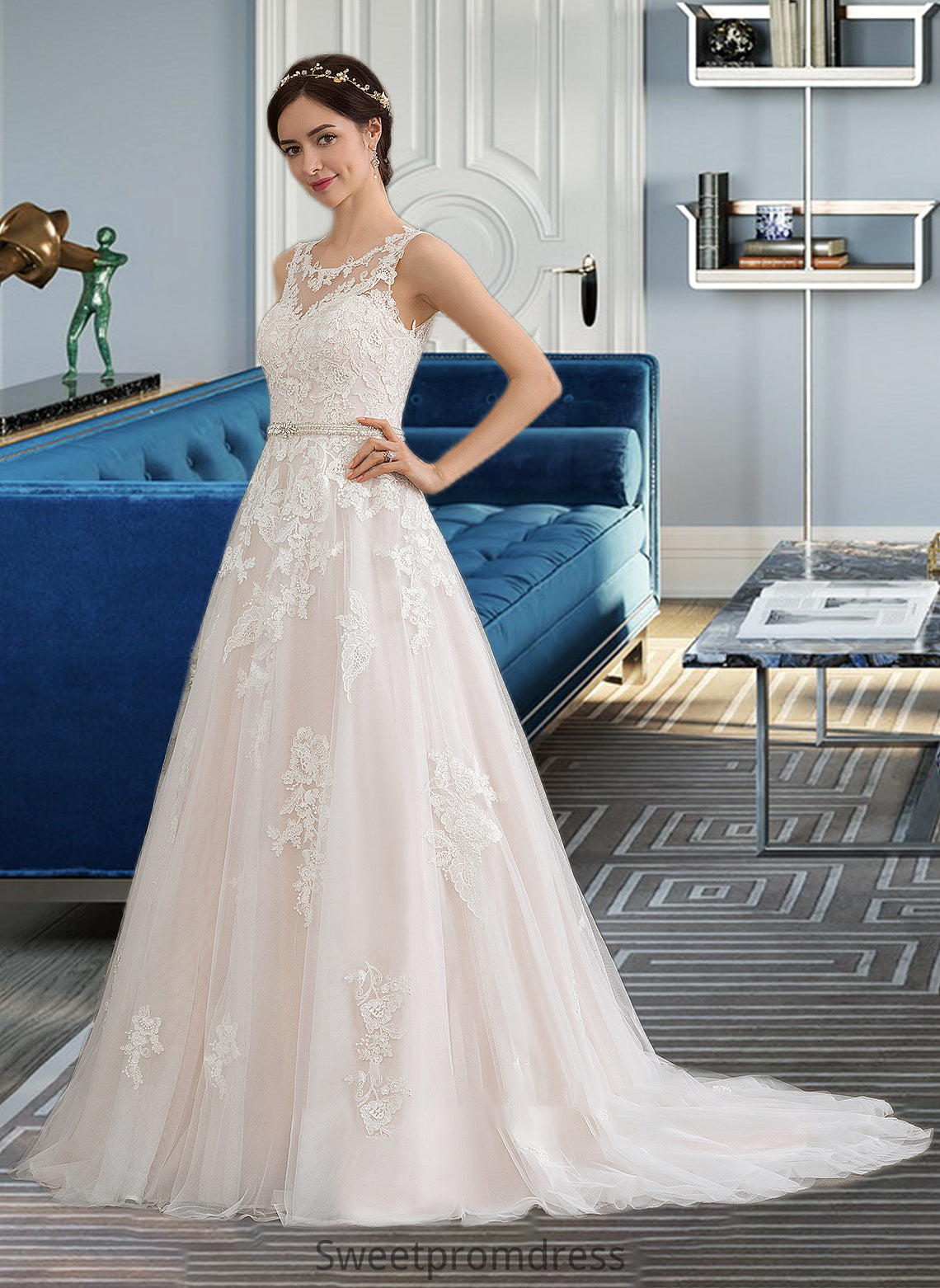 Evangeline Ball-Gown/Princess Scoop Neck Court Train Tulle Wedding Dress With Beading Sequins DHP0013730