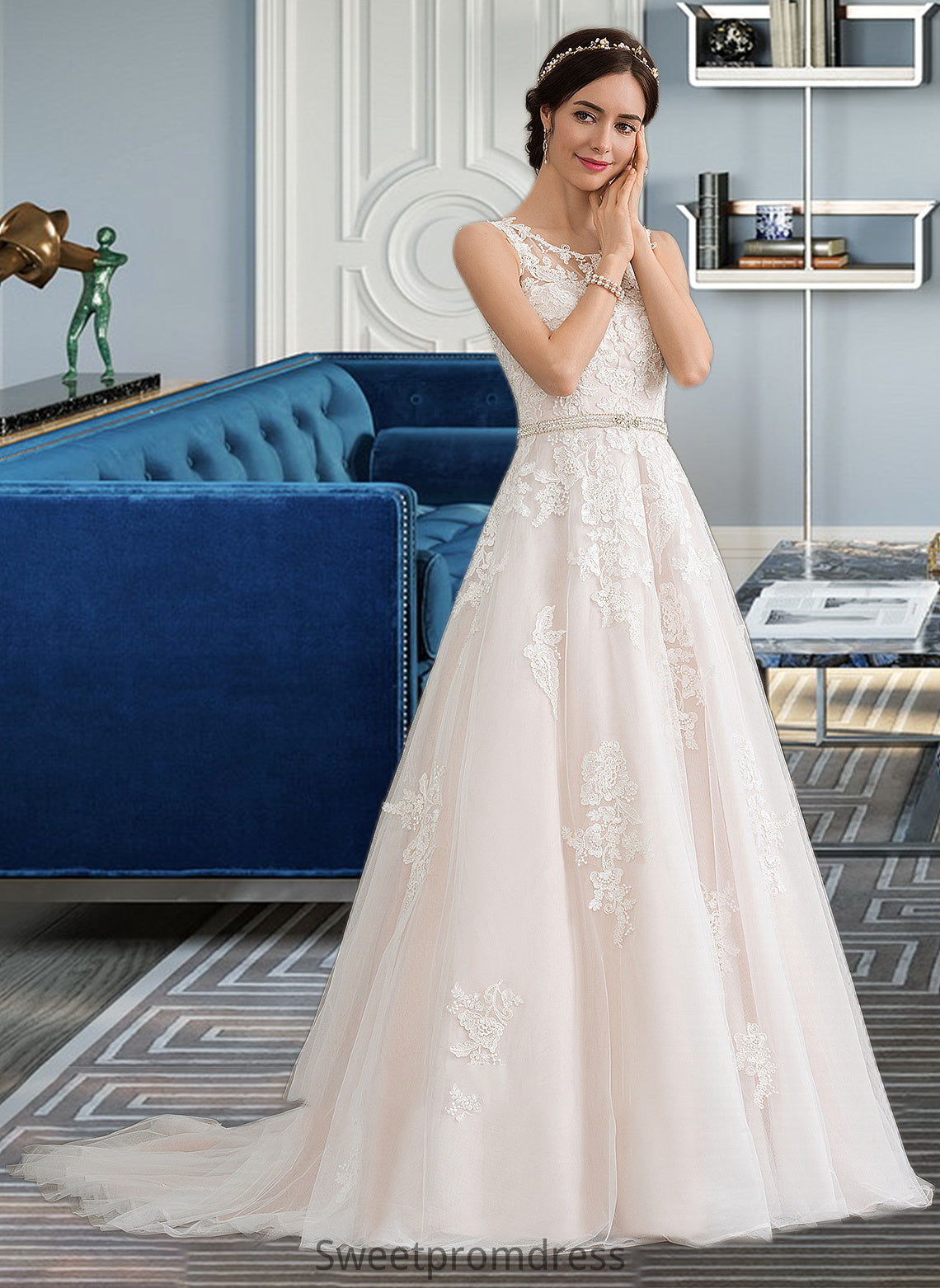 Evangeline Ball-Gown/Princess Scoop Neck Court Train Tulle Wedding Dress With Beading Sequins DHP0013730