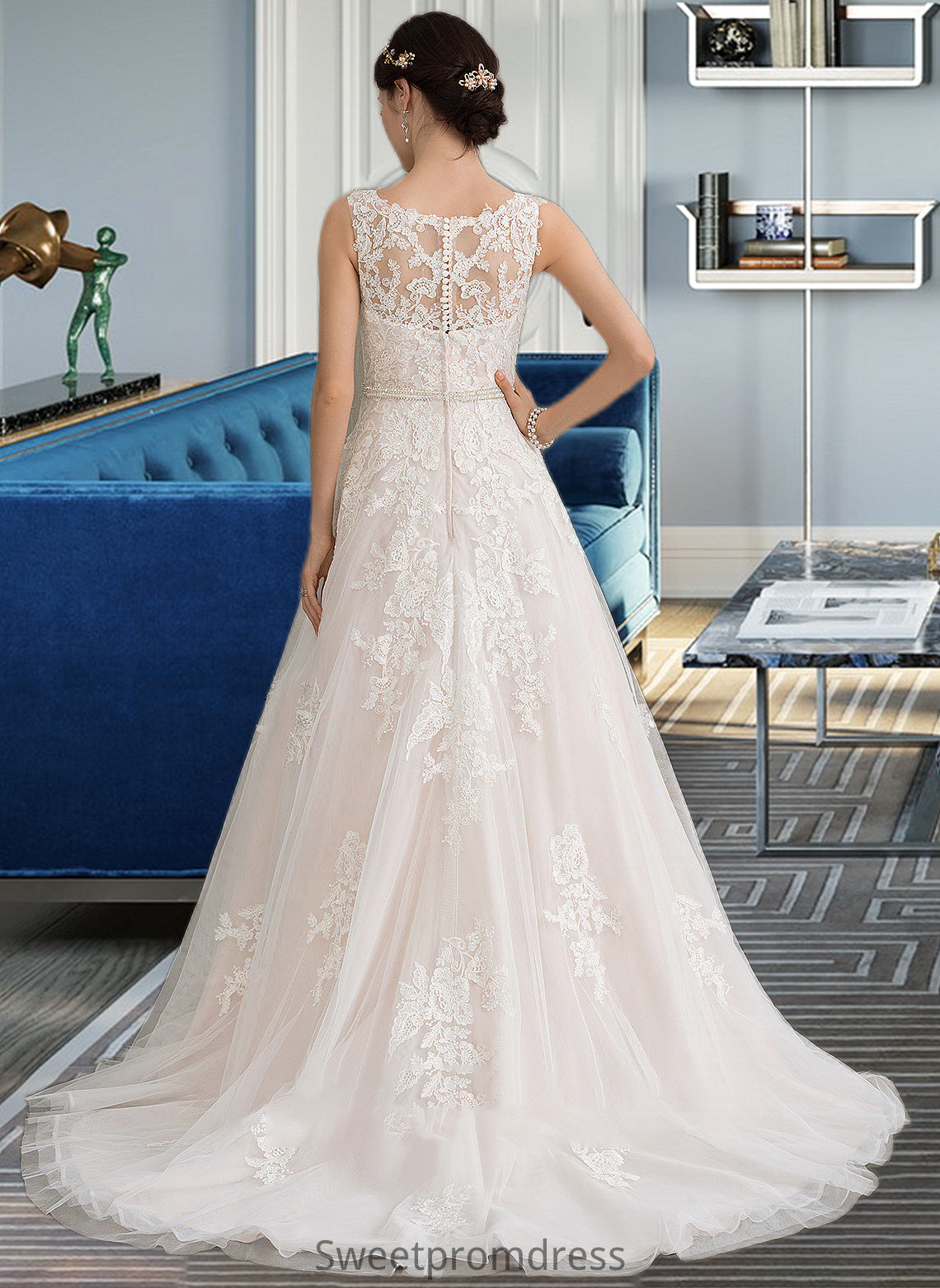 Evangeline Ball-Gown/Princess Scoop Neck Court Train Tulle Wedding Dress With Beading Sequins DHP0013730