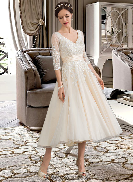 Valentina Ball-Gown/Princess V-neck Tea-Length Tulle Wedding Dress DHP0013731