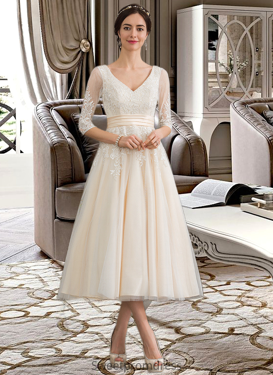 Valentina Ball-Gown/Princess V-neck Tea-Length Tulle Wedding Dress DHP0013731