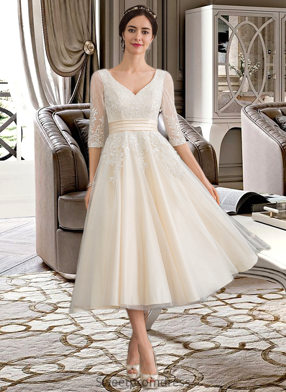 Valentina Ball-Gown/Princess V-neck Tea-Length Tulle Wedding Dress DHP0013731