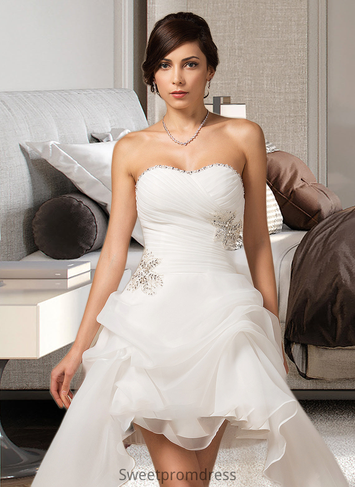 Addison A-Line Sweetheart Asymmetrical Organza Wedding Dress With Ruffle Beading Sequins DHP0013733