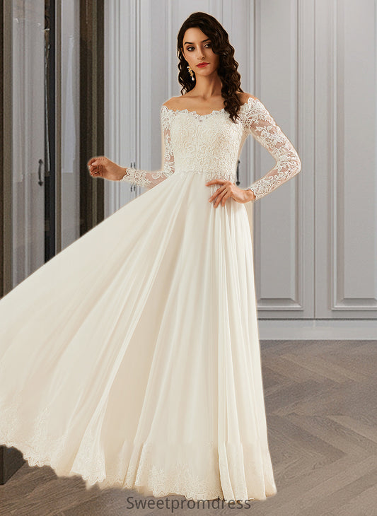 Kit A-Line Off-the-Shoulder Sweep Train Wedding Dress With Lace DHP0013734