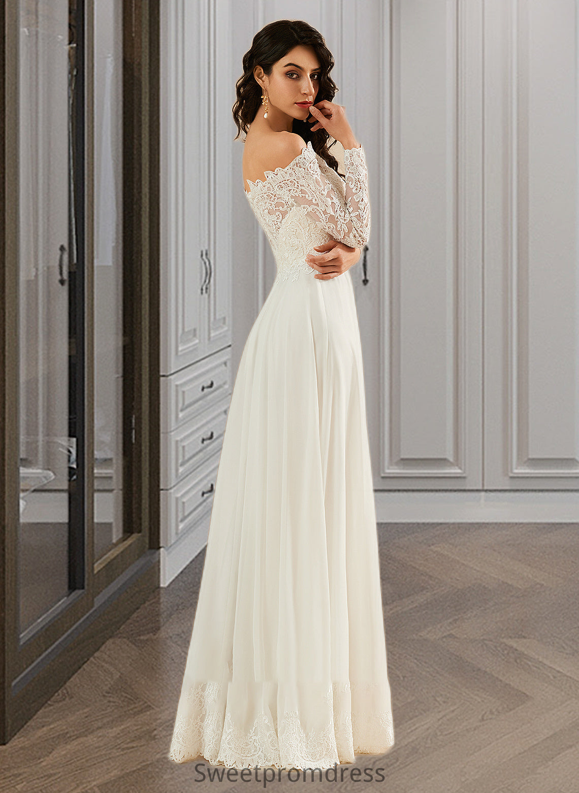 Kit A-Line Off-the-Shoulder Sweep Train Wedding Dress With Lace DHP0013734