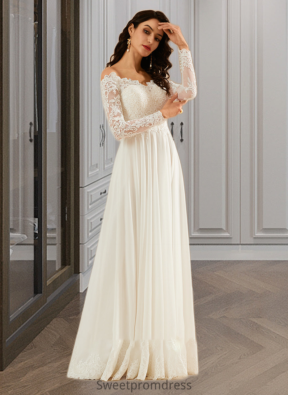 Kit A-Line Off-the-Shoulder Sweep Train Wedding Dress With Lace DHP0013734