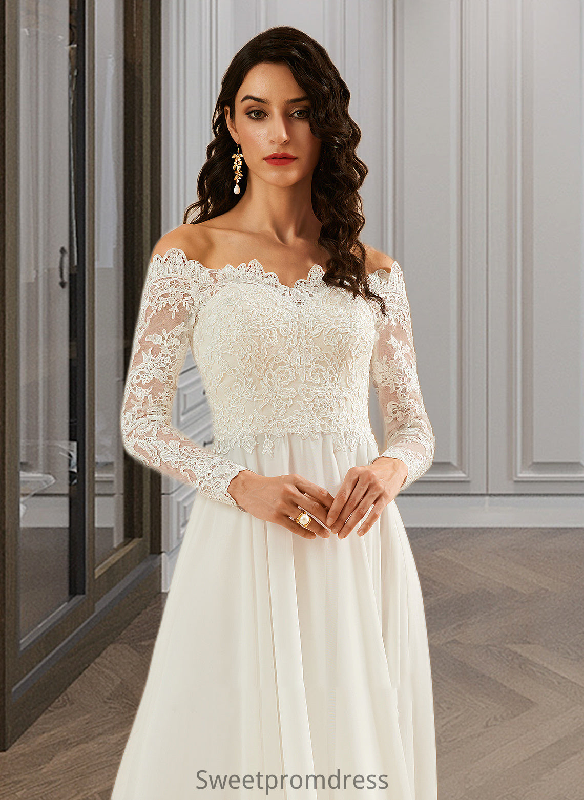 Kit A-Line Off-the-Shoulder Sweep Train Wedding Dress With Lace DHP0013734